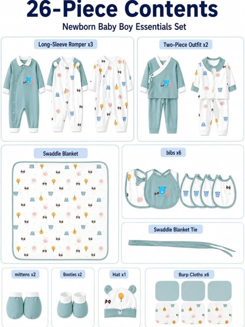 26-Piece Newborn Baby Boy Clothes Set - Soft Cotton Layette, 5 Outfits